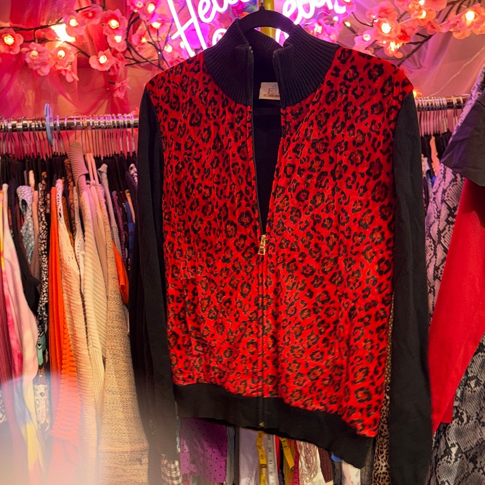 A Mermaid's Epiphany Red Leopard-Print Bomber Jacket with Black Sleeves
